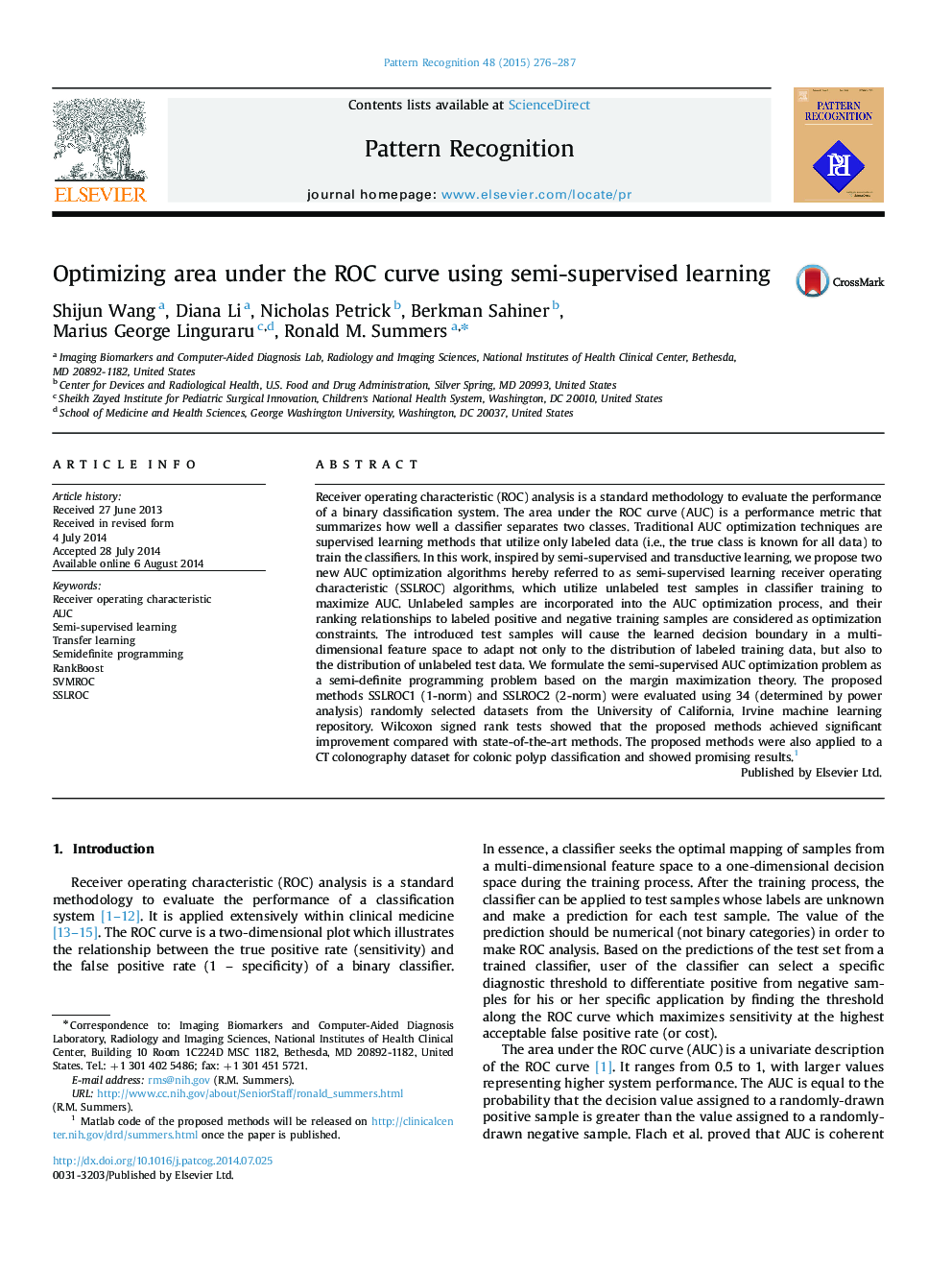 Optimizing area under the ROC curve using semi-supervised learning