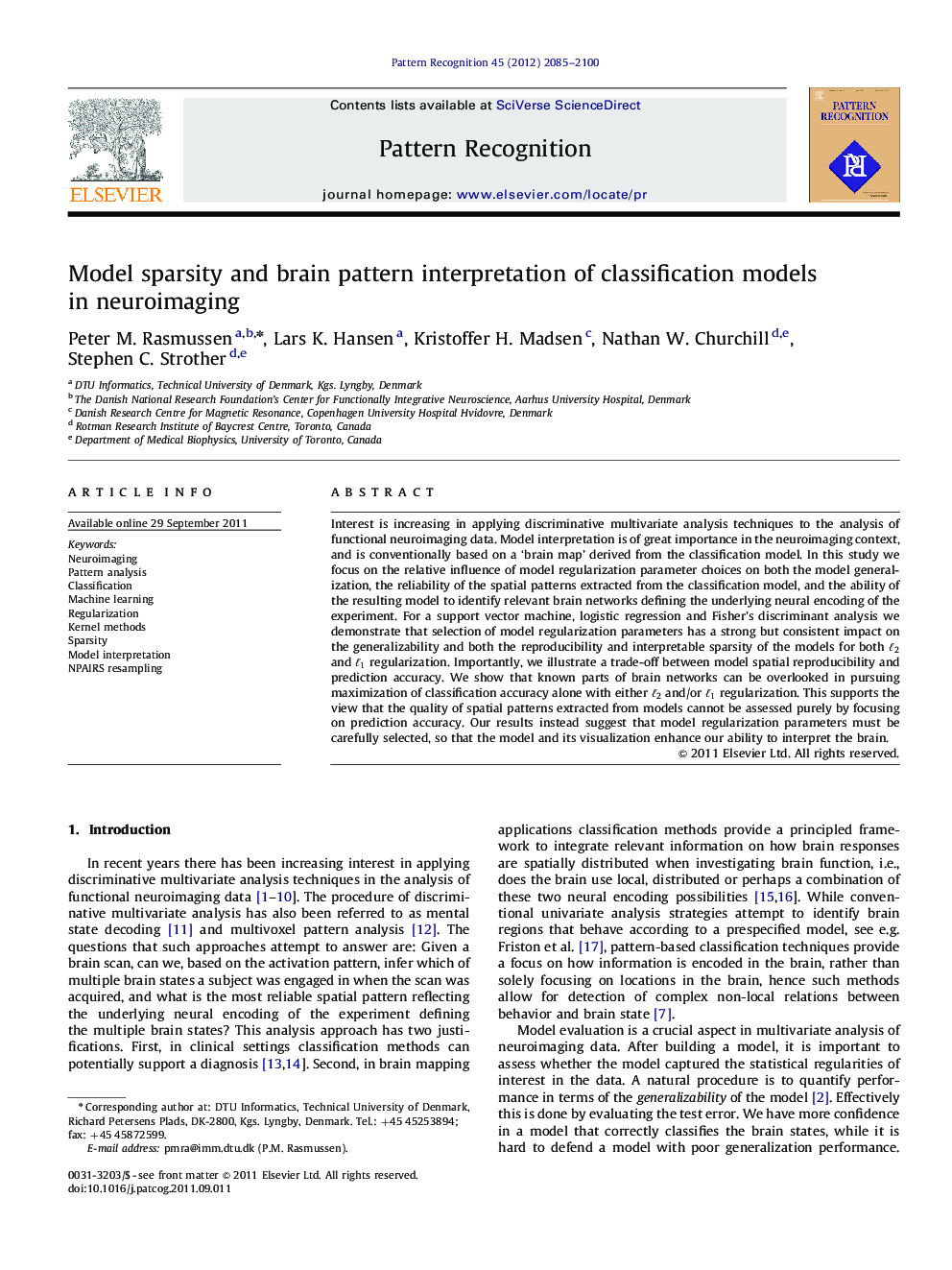 Model sparsity and brain pattern interpretation of classification models in neuroimaging