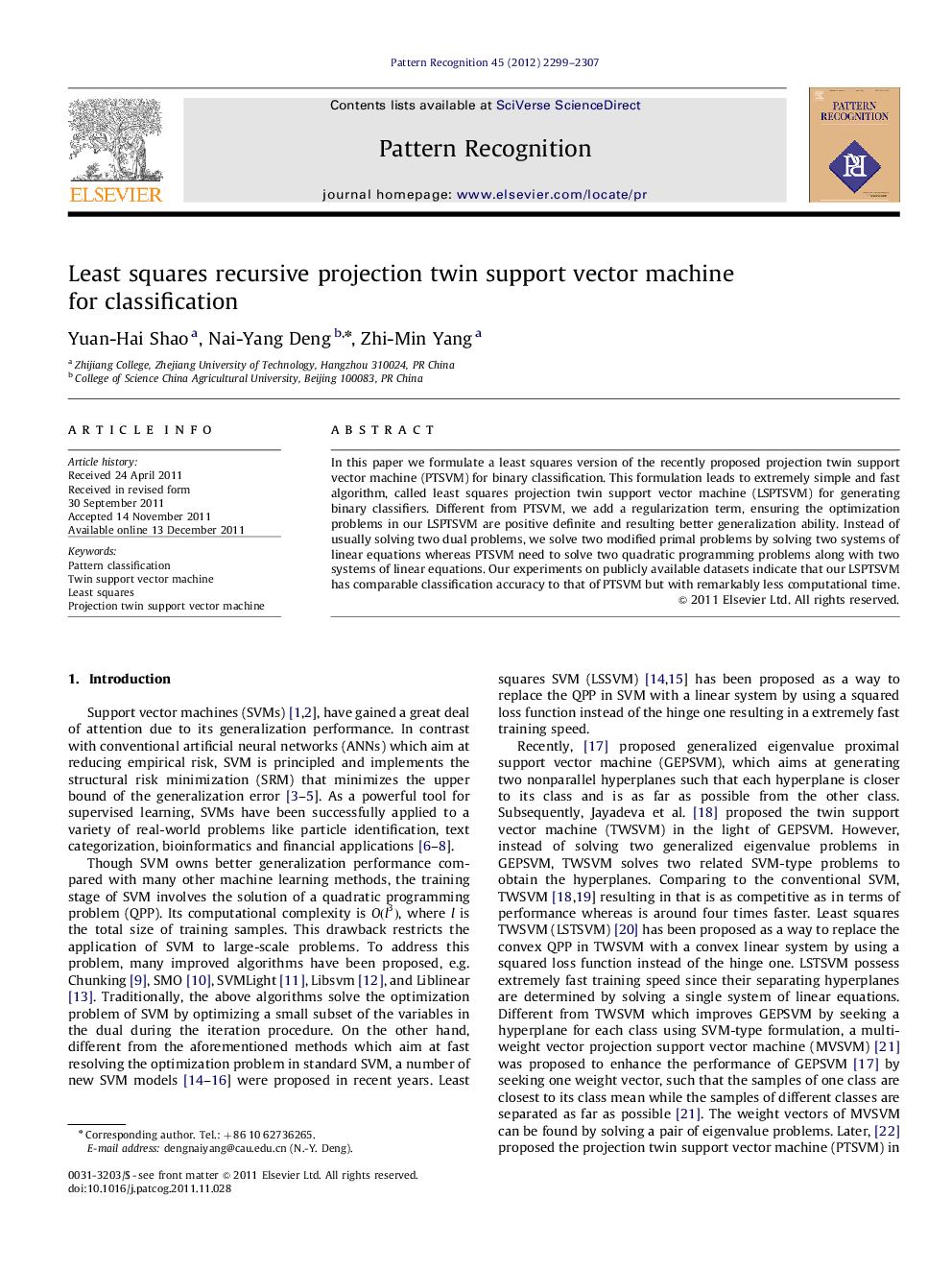 Least squares recursive projection twin support vector machine for classification