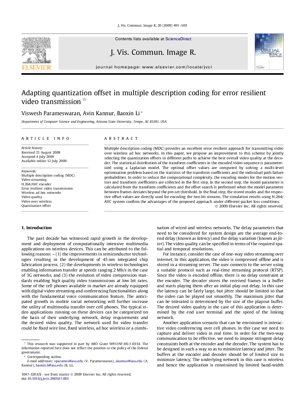 Adapting quantization offset in multiple description coding for error resilient video transmission 