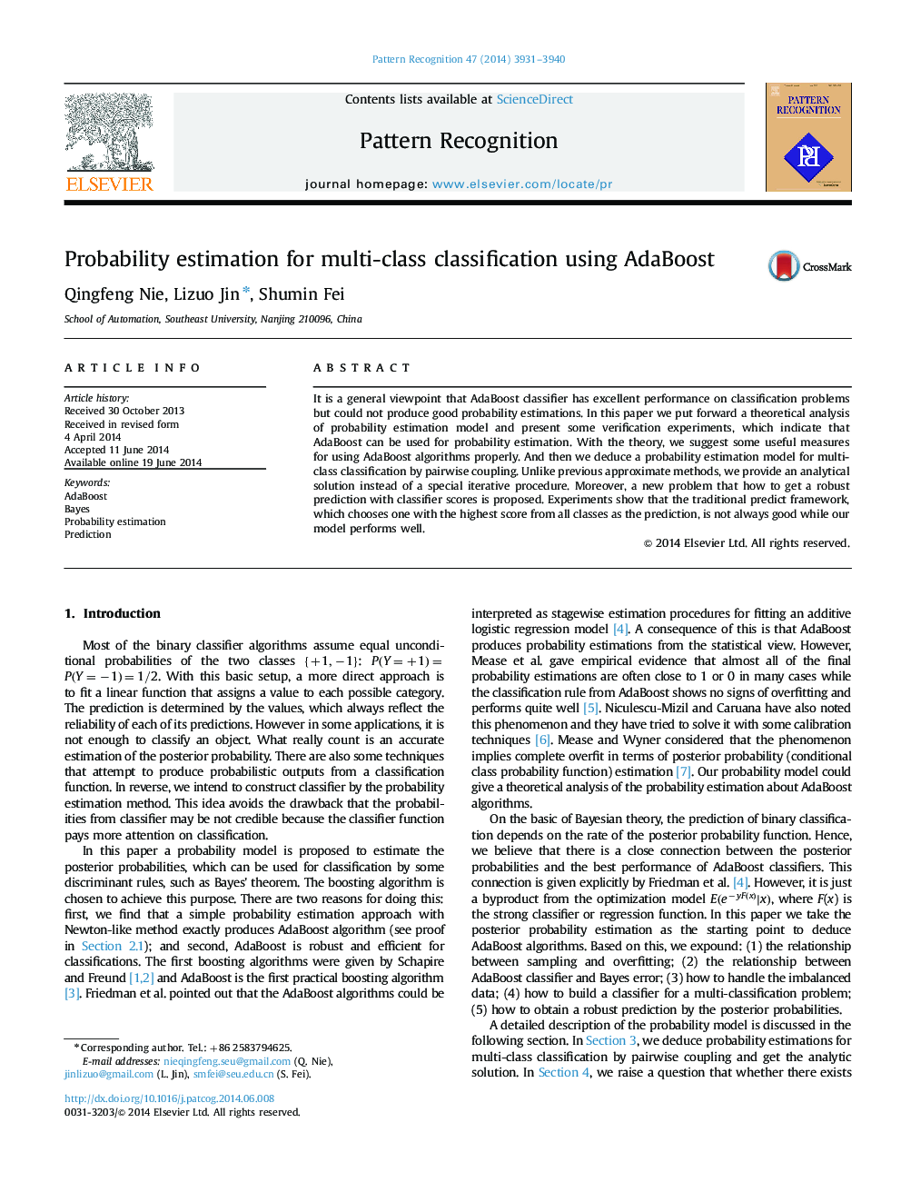 Probability estimation for multi-class classification using AdaBoost