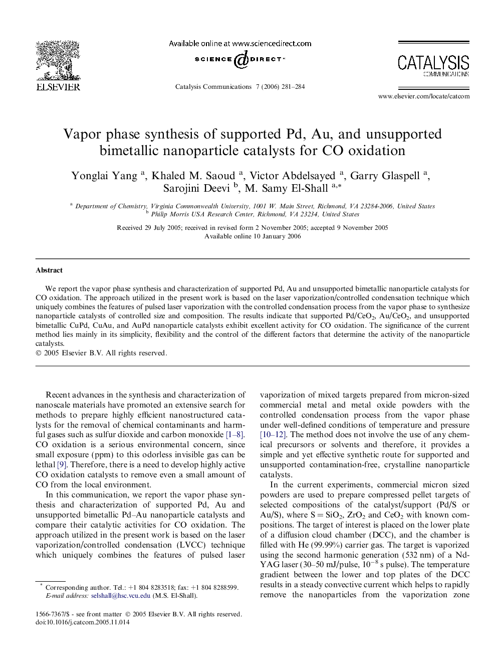 Vapor phase synthesis of supported Pd, Au, and unsupported bimetallic nanoparticle catalysts for CO oxidation
