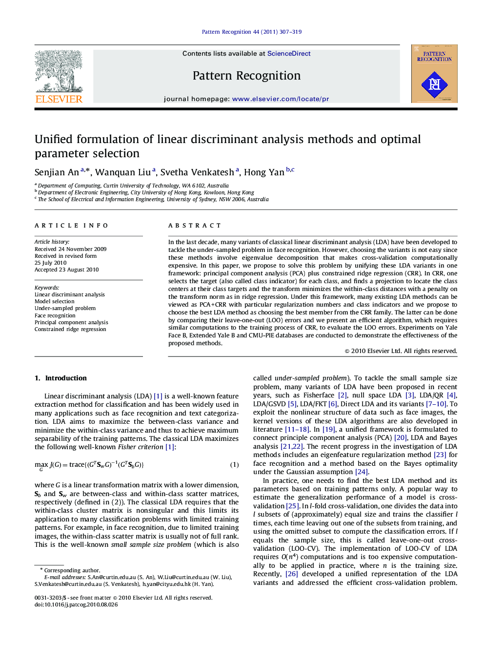 Unified formulation of linear discriminant analysis methods and optimal parameter selection