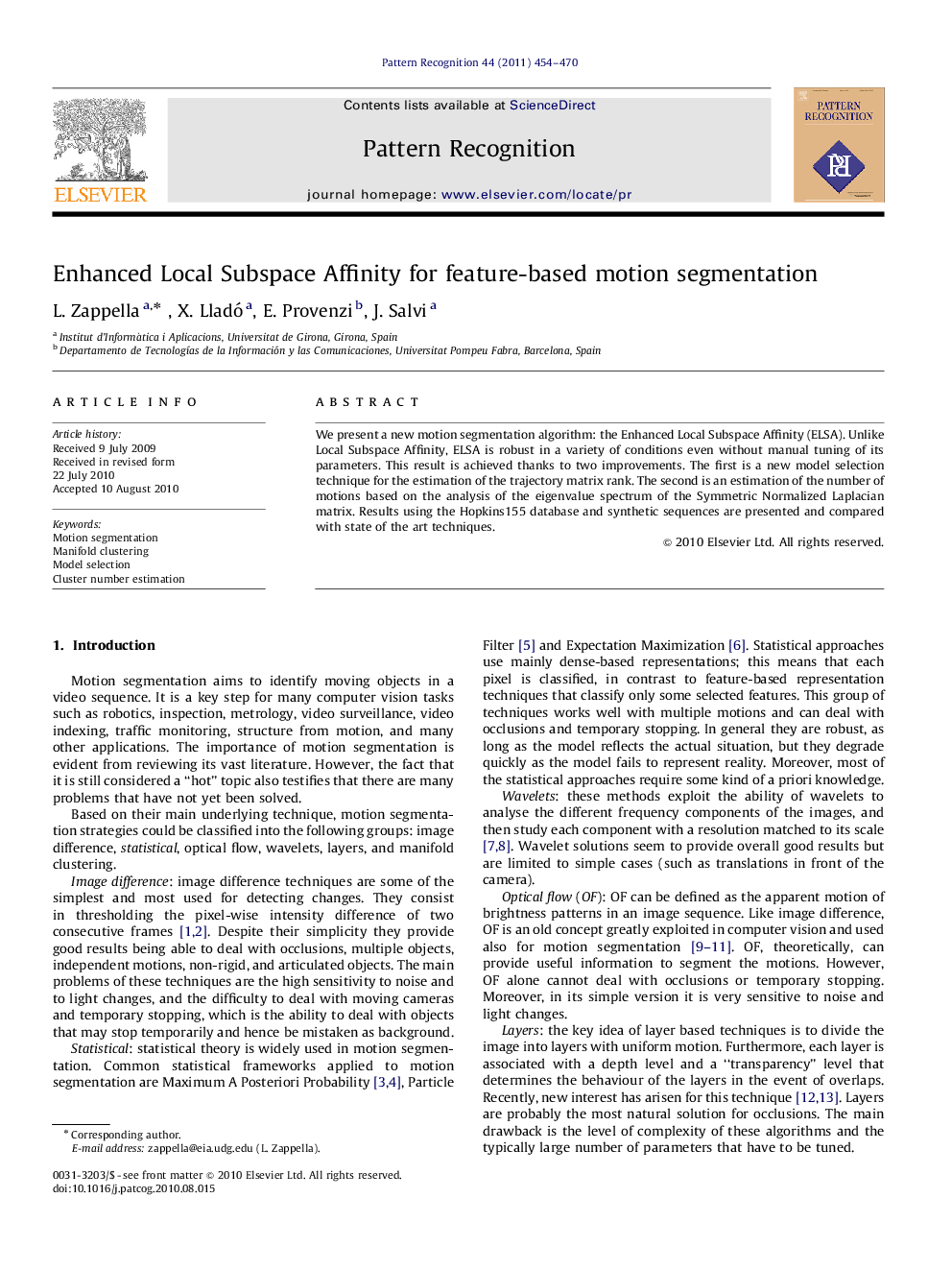 عکس صفحه اول مقاله: Enhanced Local Subspace Affinity for feature-based motion segmentation Enhanced Local Subspace Affinity for feature-based motion segmentation