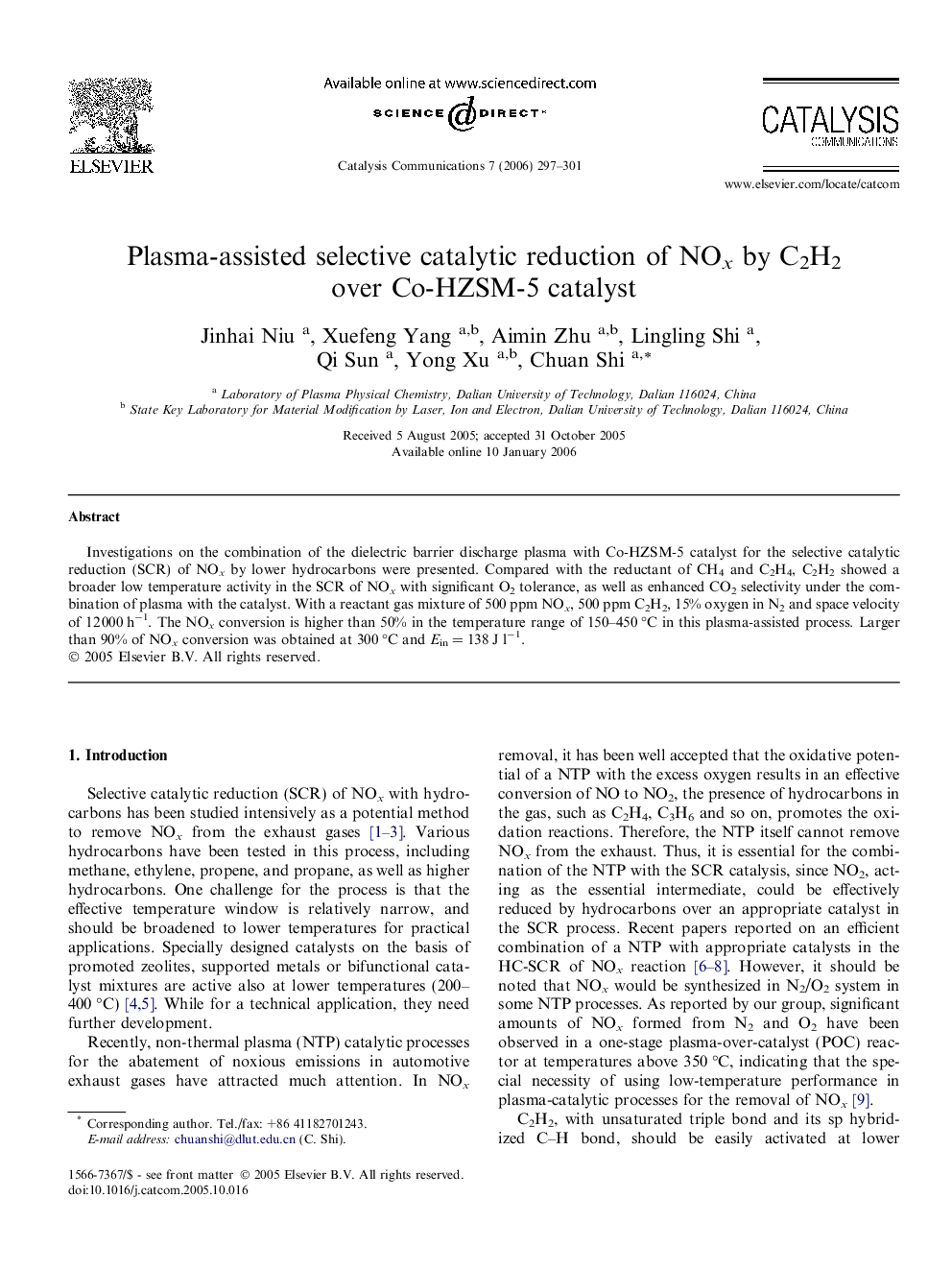 Plasma-assisted selective catalytic reduction of NOx by C2H2 over Co-HZSM-5 catalyst