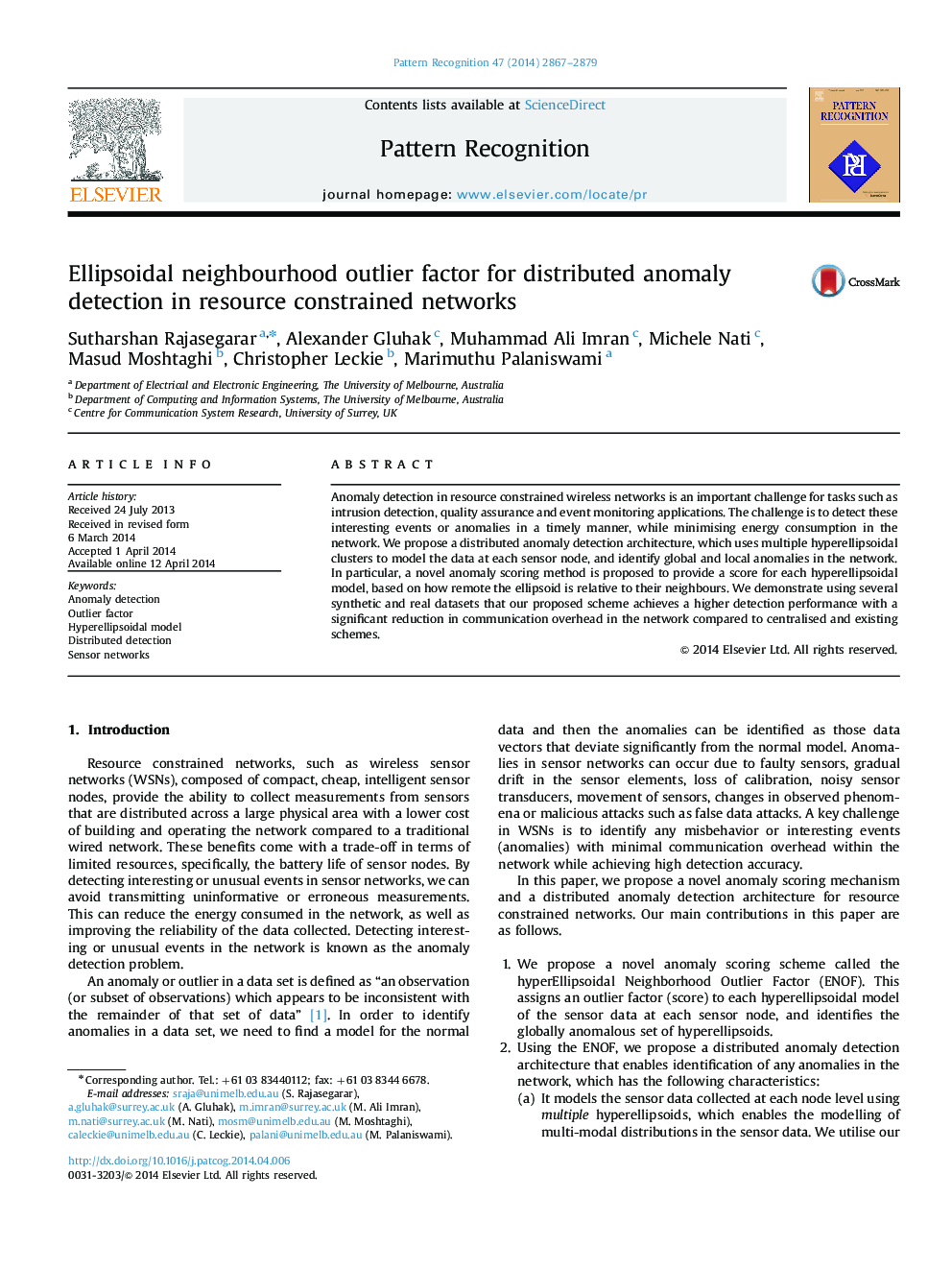 Ellipsoidal neighbourhood outlier factor for distributed anomaly detection in resource constrained networks