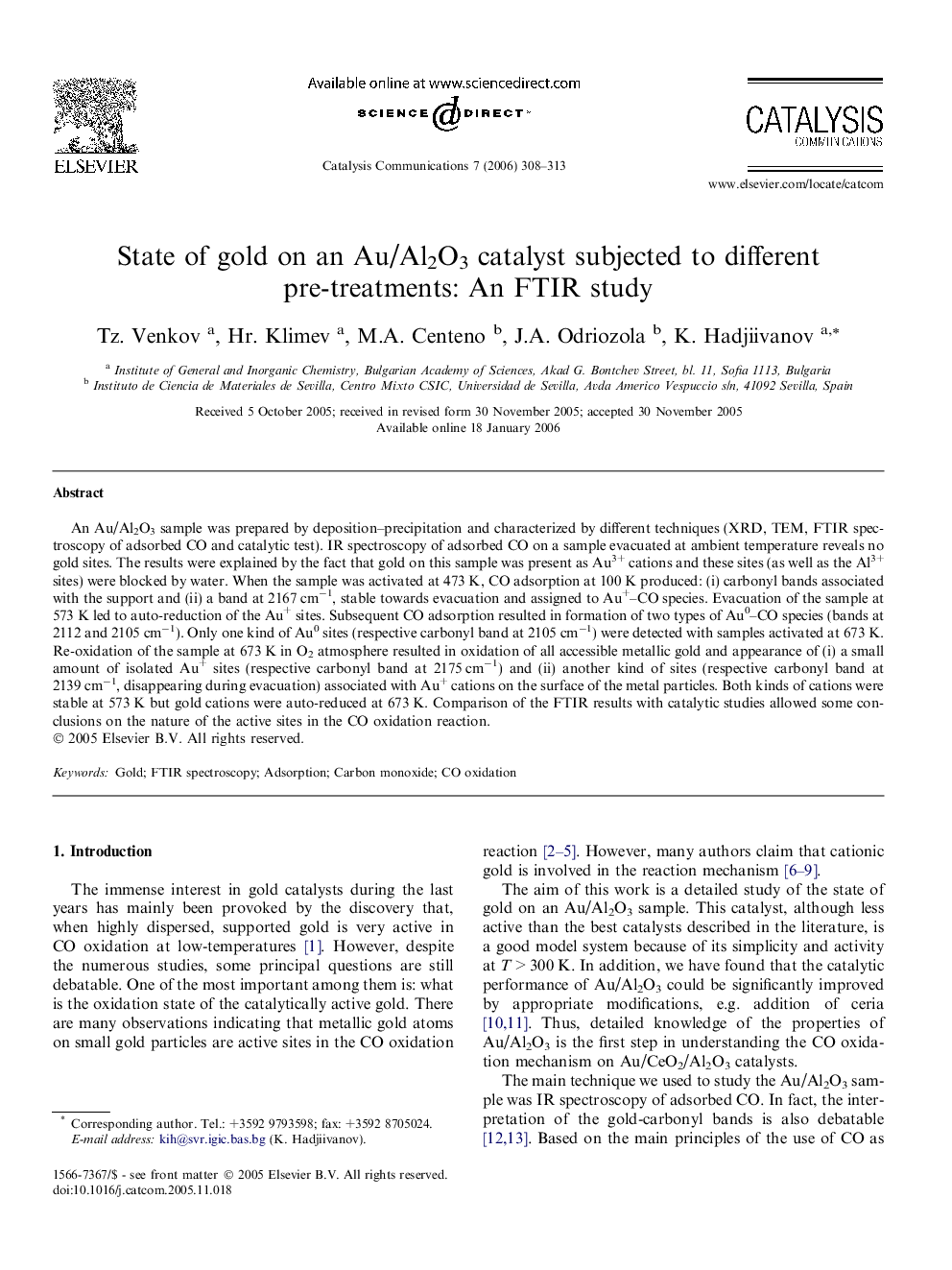 State of gold on an Au/Al2O3 catalyst subjected to different pre-treatments: An FTIR study