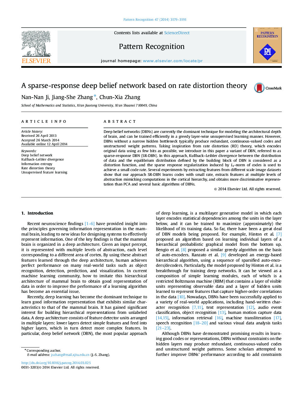 A sparse-response deep belief network based on rate distortion theory