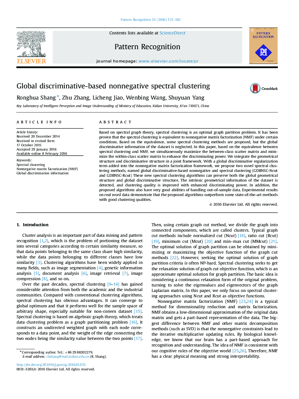 Global discriminative-based nonnegative spectral clustering