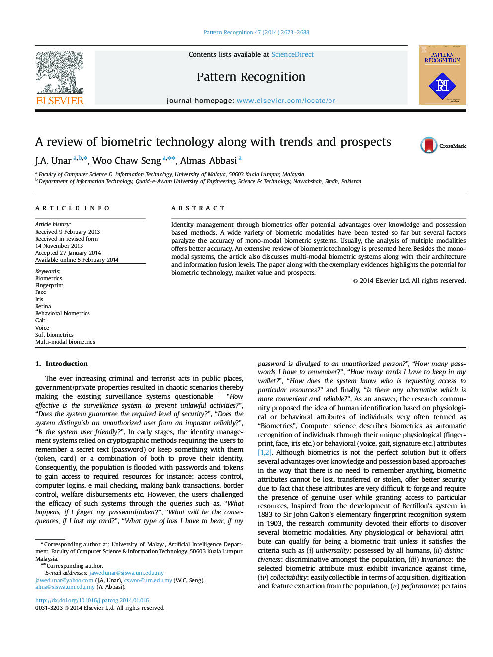 A review of biometric technology along with trends and prospects