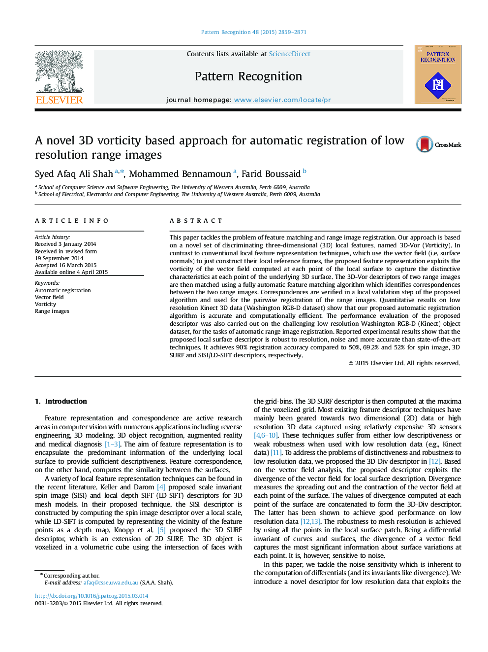 A novel 3D vorticity based approach for automatic registration of low resolution range images