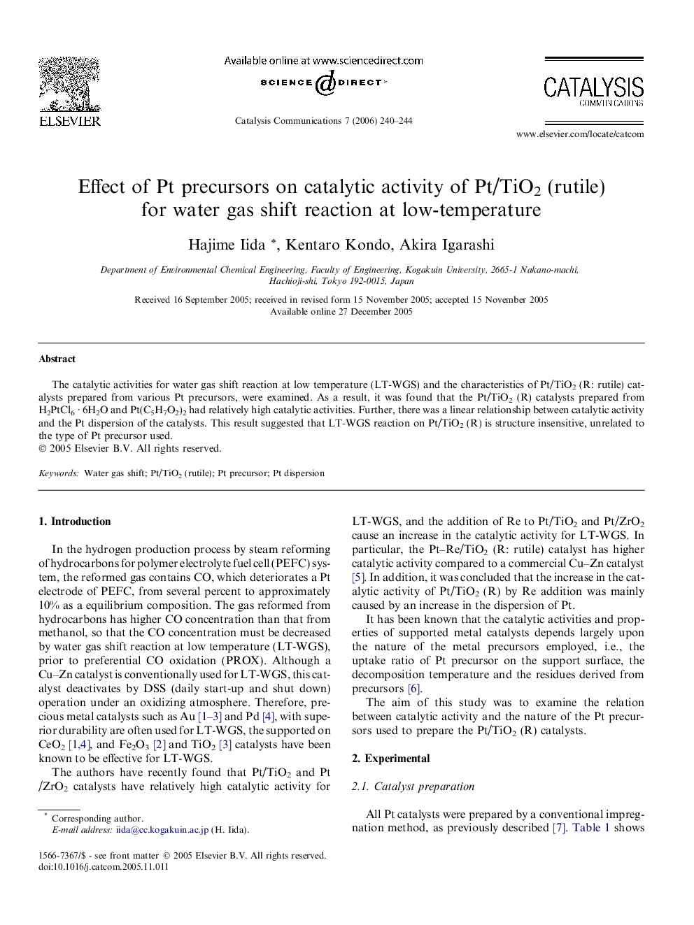 Effect of Pt precursors on catalytic activity of Pt/TiO2 (rutile) for water gas shift reaction at low-temperature