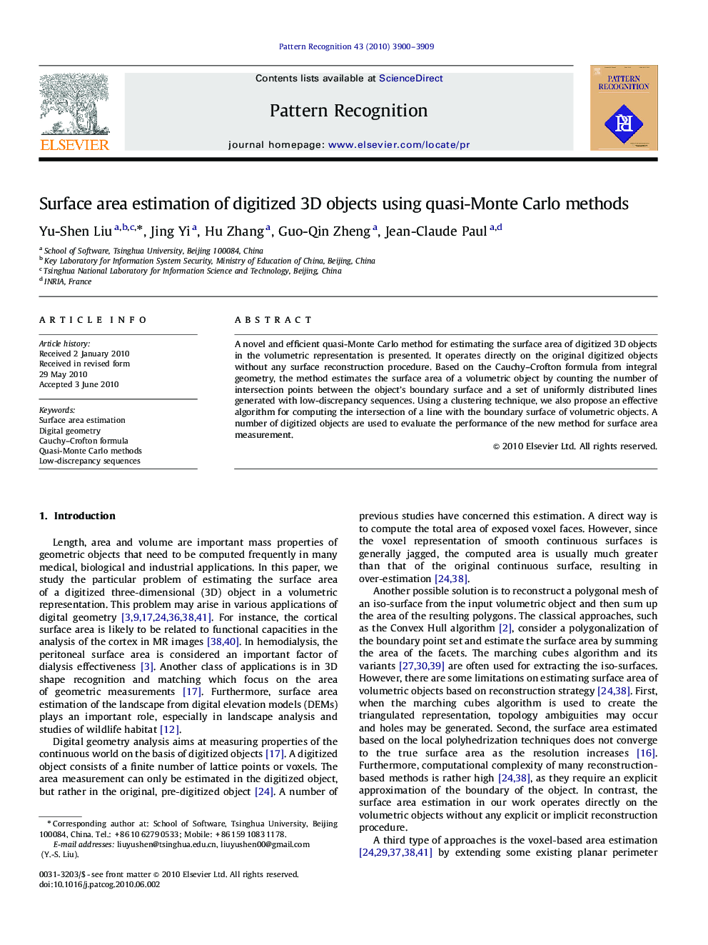 Surface area estimation of digitized 3D objects using quasi-Monte Carlo methods