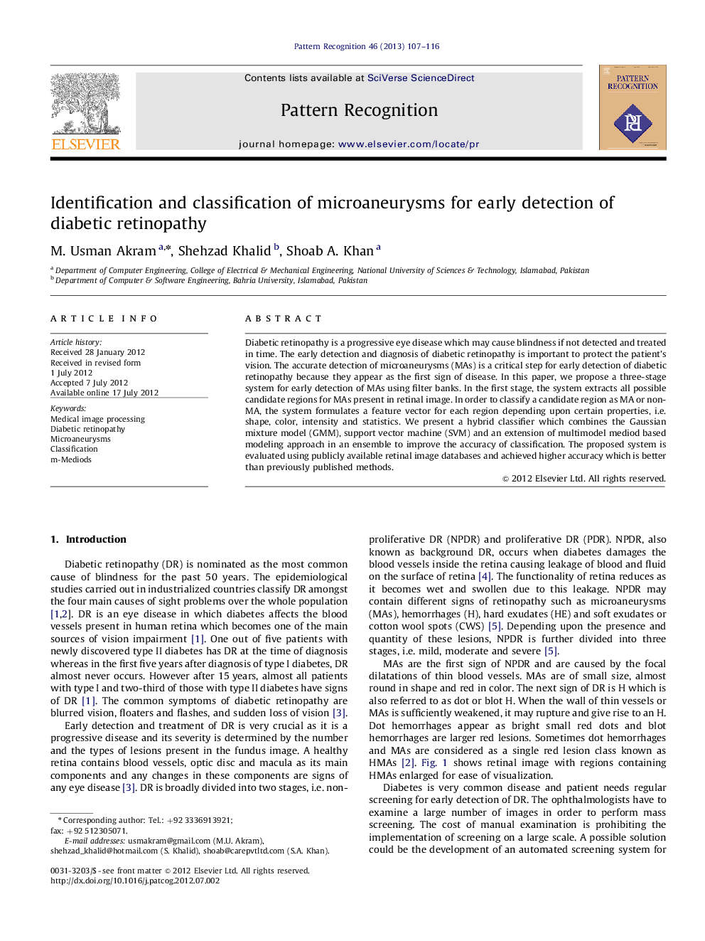 Identification and classification of microaneurysms for early detection of diabetic retinopathy