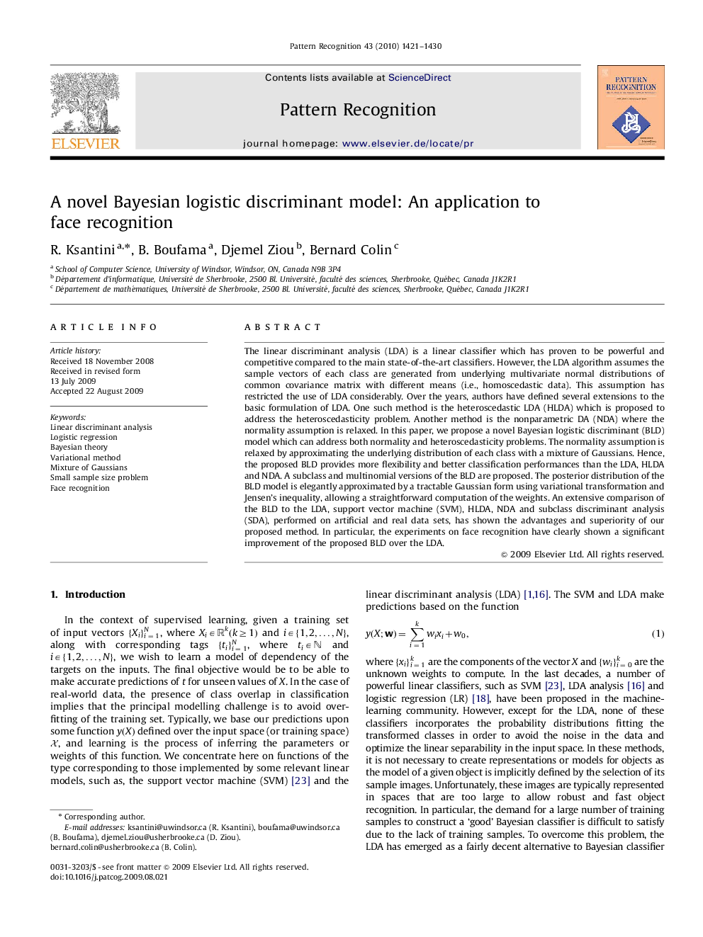 A novel Bayesian logistic discriminant model: An application to face recognition