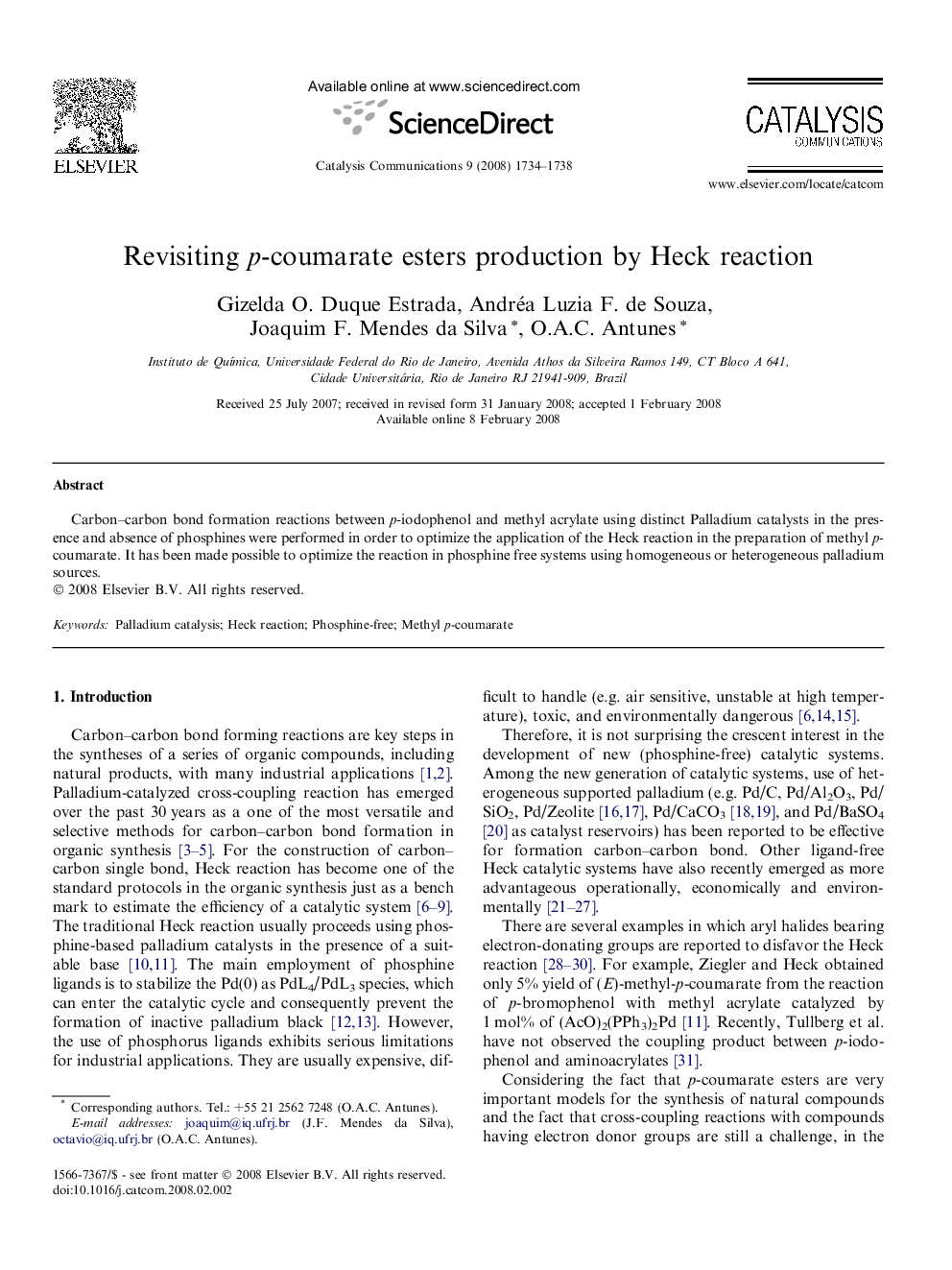 Revisiting p-coumarate esters production by Heck reaction