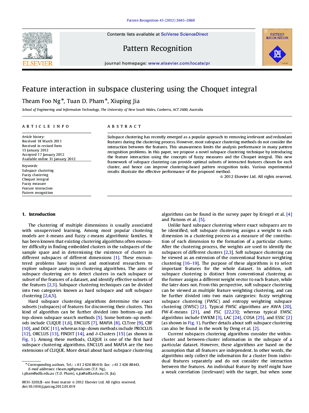 Feature interaction in subspace clustering using the Choquet integral