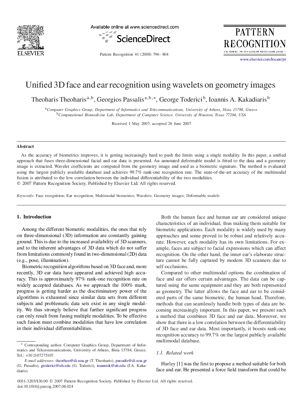 Unified 3D face and ear recognition using wavelets on geometry images