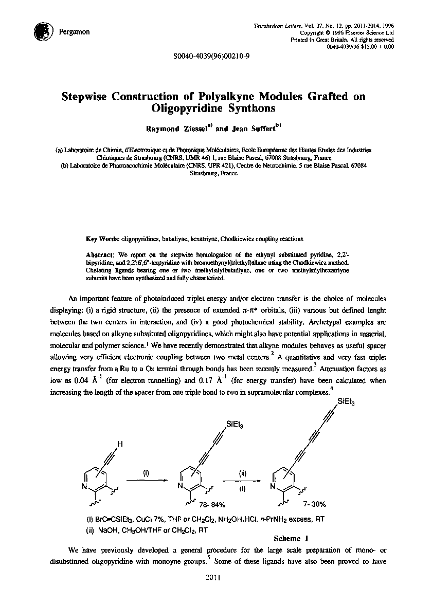 Stepwise construction of polyalkyne modules grafted on oligopyridine synthons