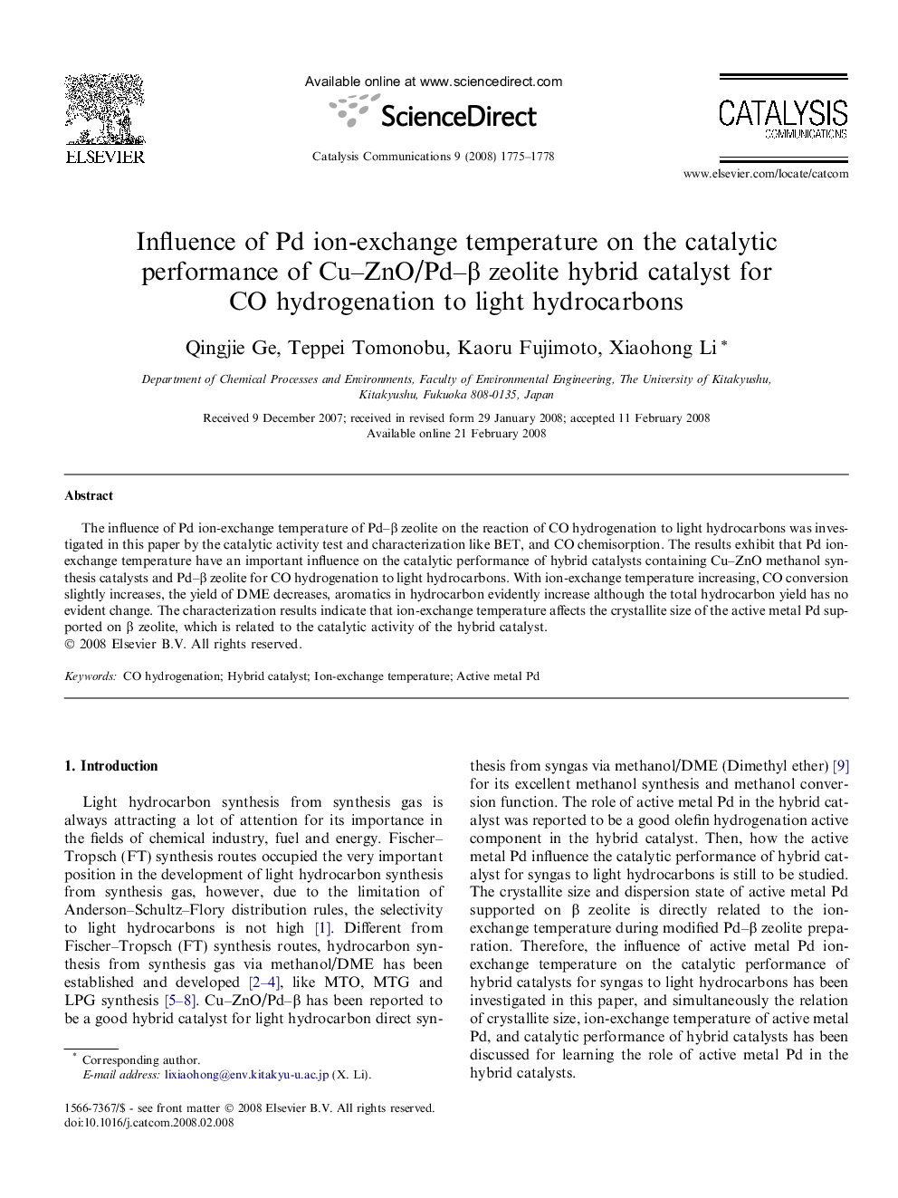 Influence of Pd ion-exchange temperature on the catalytic performance of Cu–ZnO/Pd–β zeolite hybrid catalyst for CO hydrogenation to light hydrocarbons