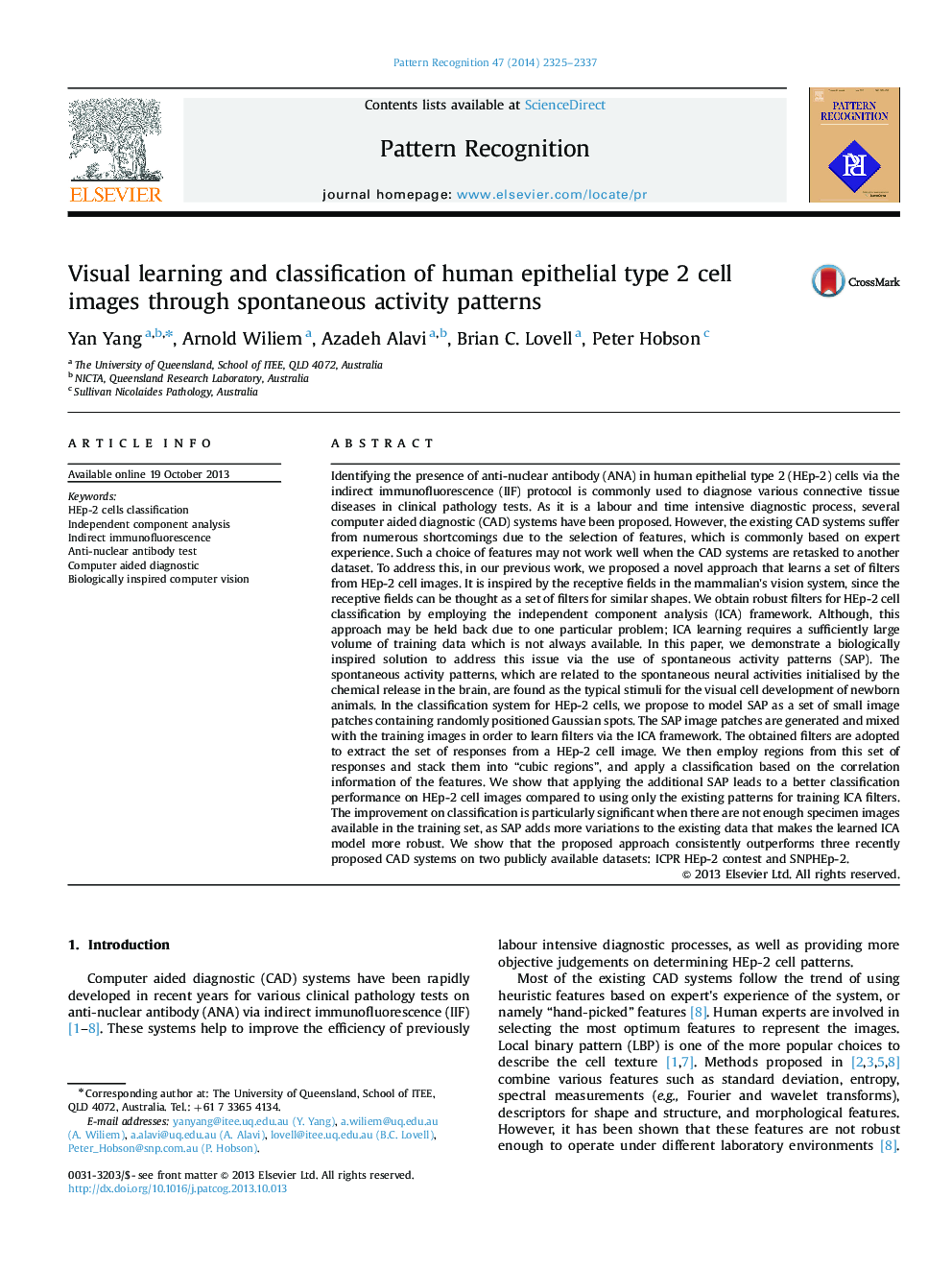 Visual learning and classification of human epithelial type 2 cell images through spontaneous activity patterns