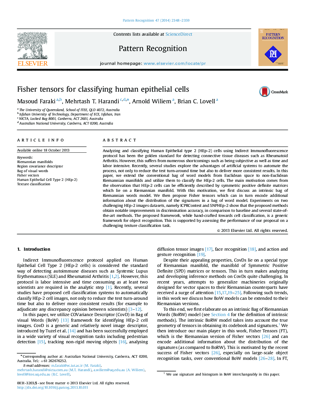 Fisher tensors for classifying human epithelial cells