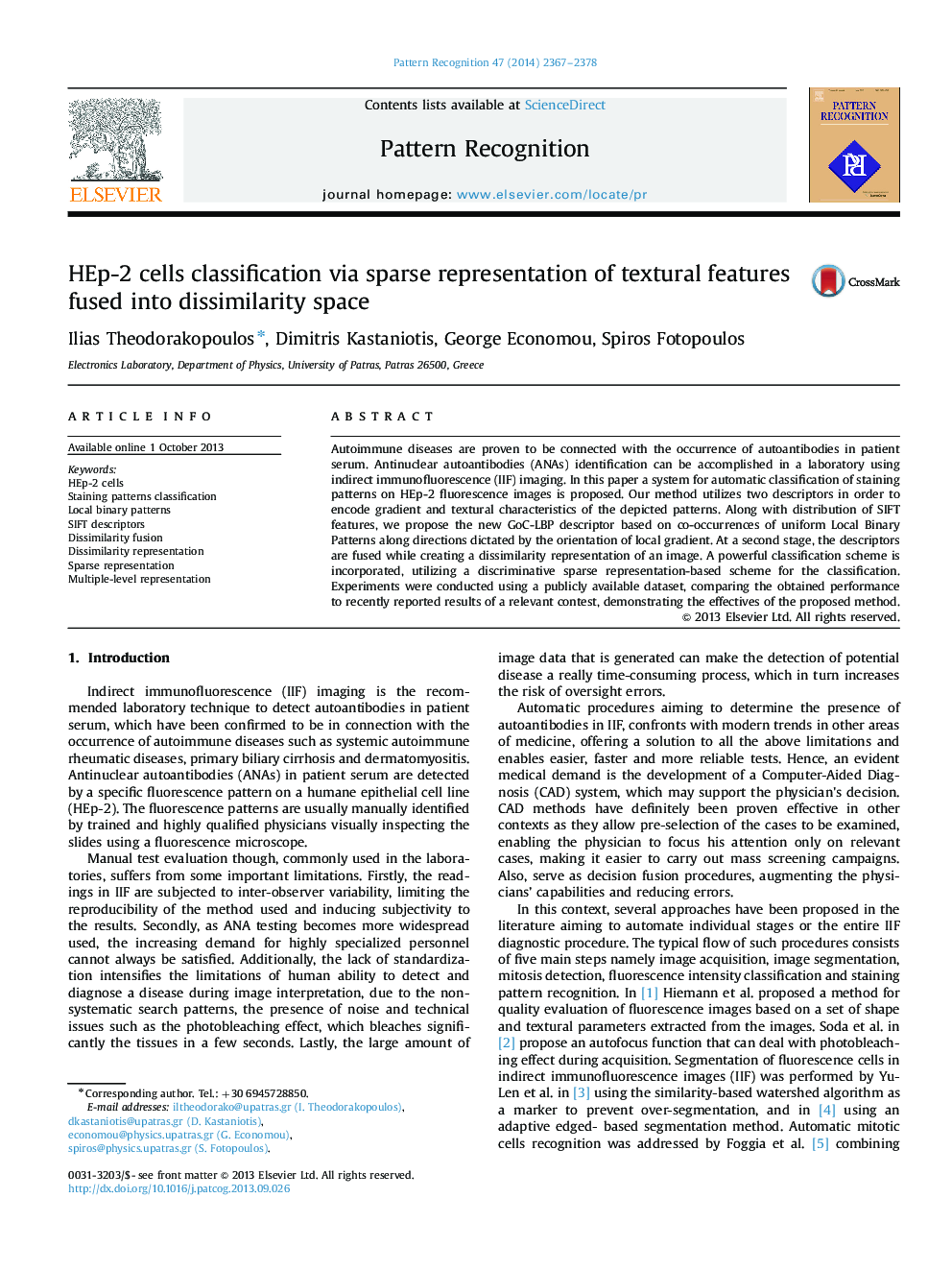 HEp-2 cells classification via sparse representation of textural features fused into dissimilarity space