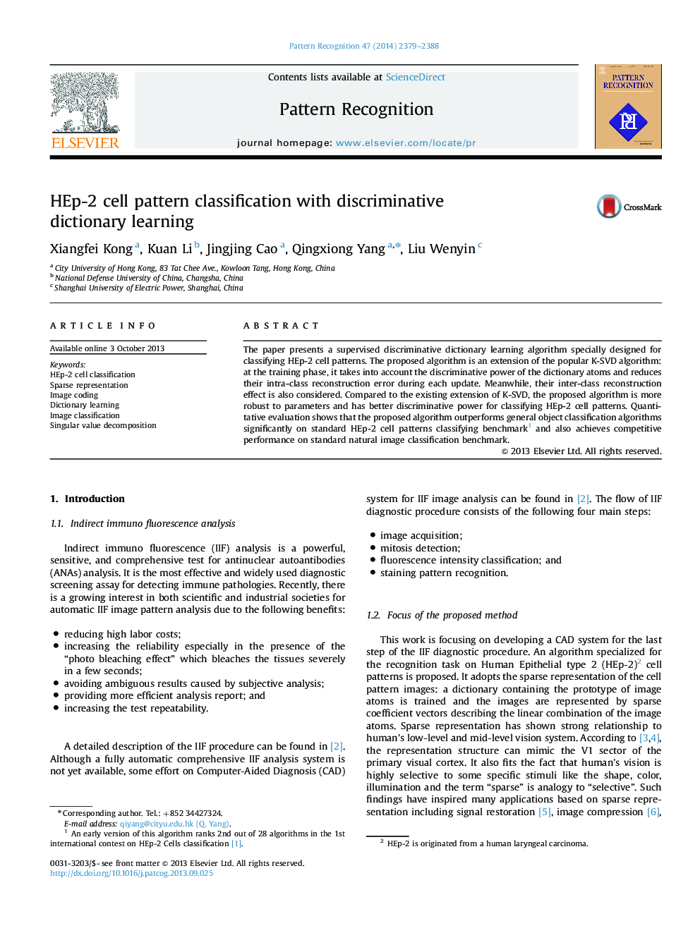 HEp-2 cell pattern classification with discriminative dictionary learning