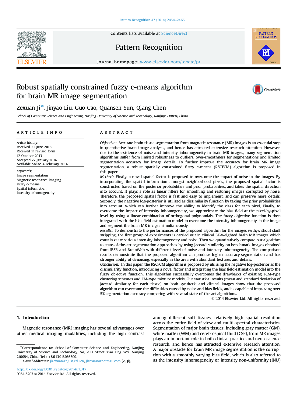 Robust spatially constrained fuzzy c-means algorithm for brain MR image segmentation