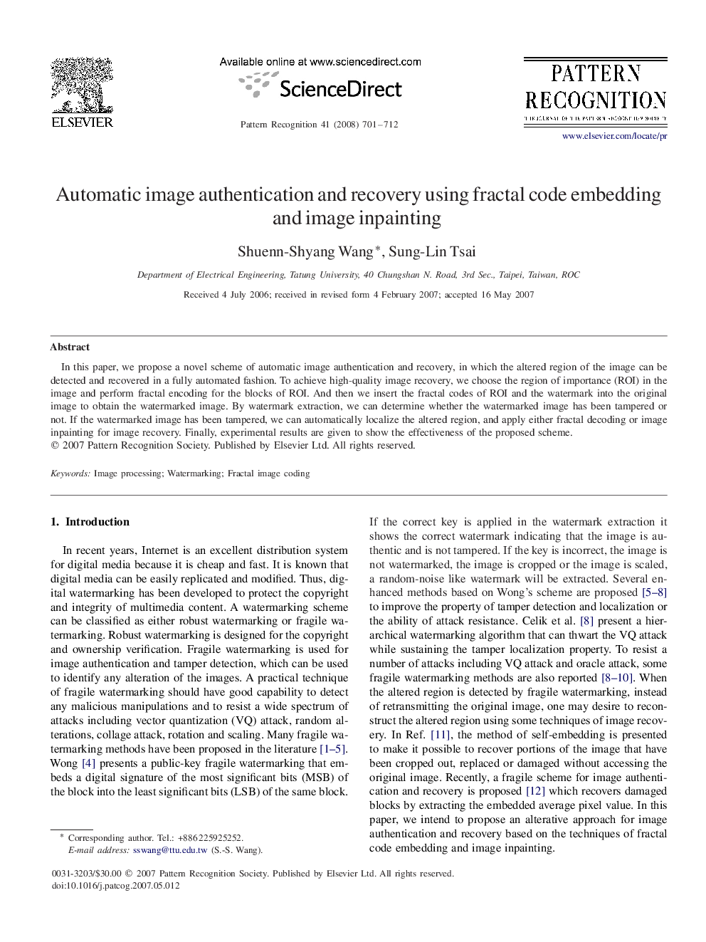 Automatic image authentication and recovery using fractal code embedding and image inpainting