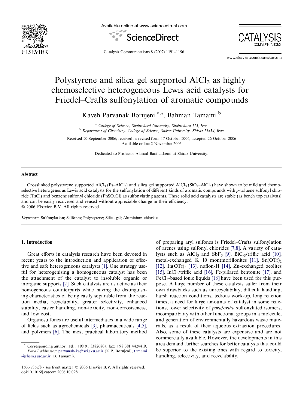 Polystyrene and silica gel supported AlCl3 as highly chemoselective heterogeneous Lewis acid catalysts for Friedel–Crafts sulfonylation of aromatic compounds