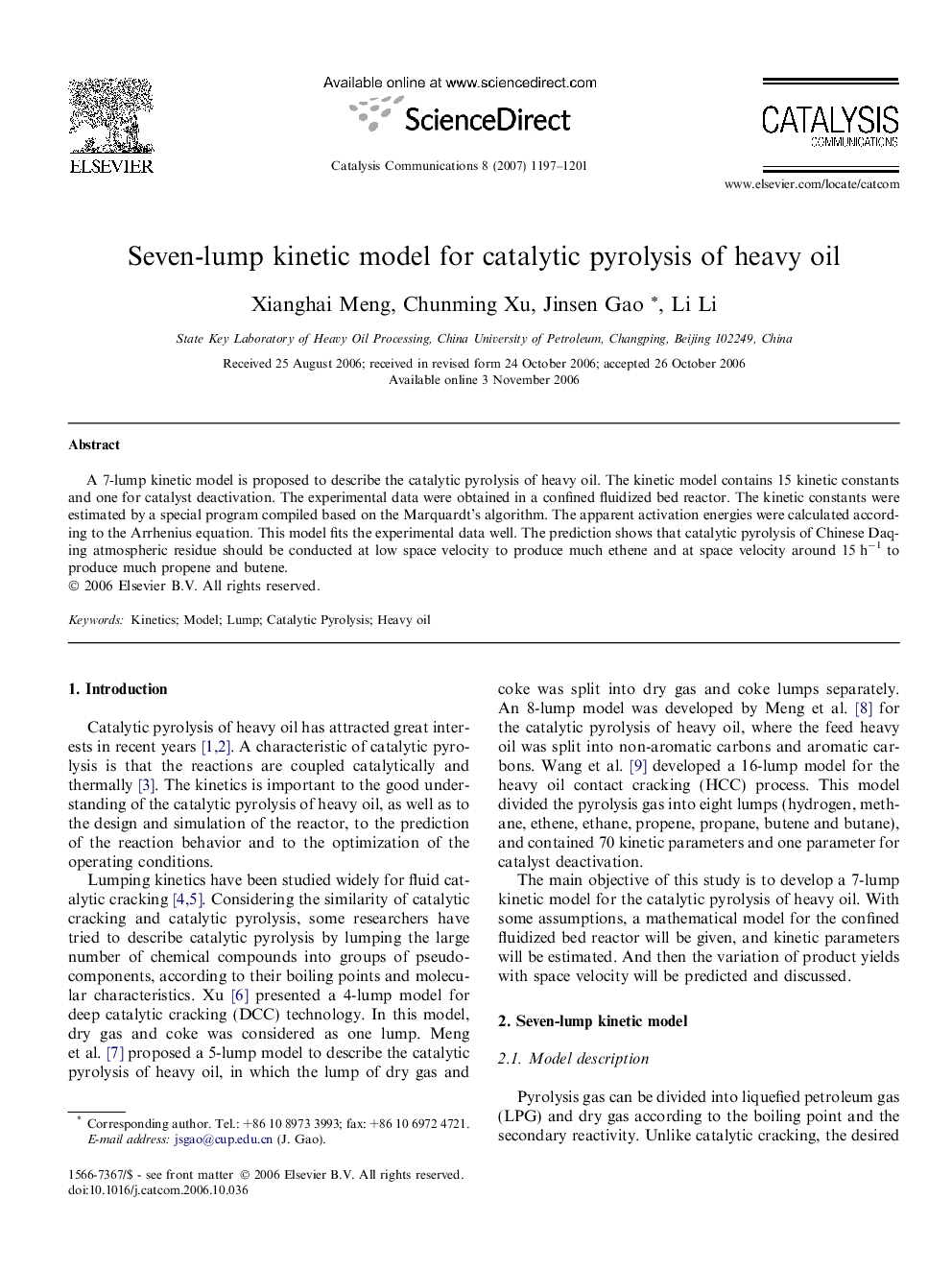 Seven-lump kinetic model for catalytic pyrolysis of heavy oil