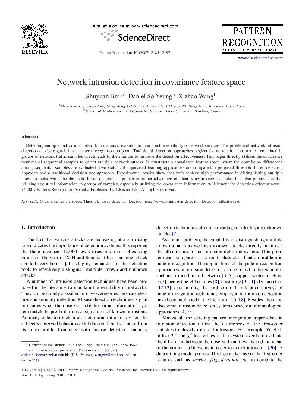 عکس صفحه اول مقاله: Network intrusion detection in covariance feature space Network intrusion detection in covariance feature space