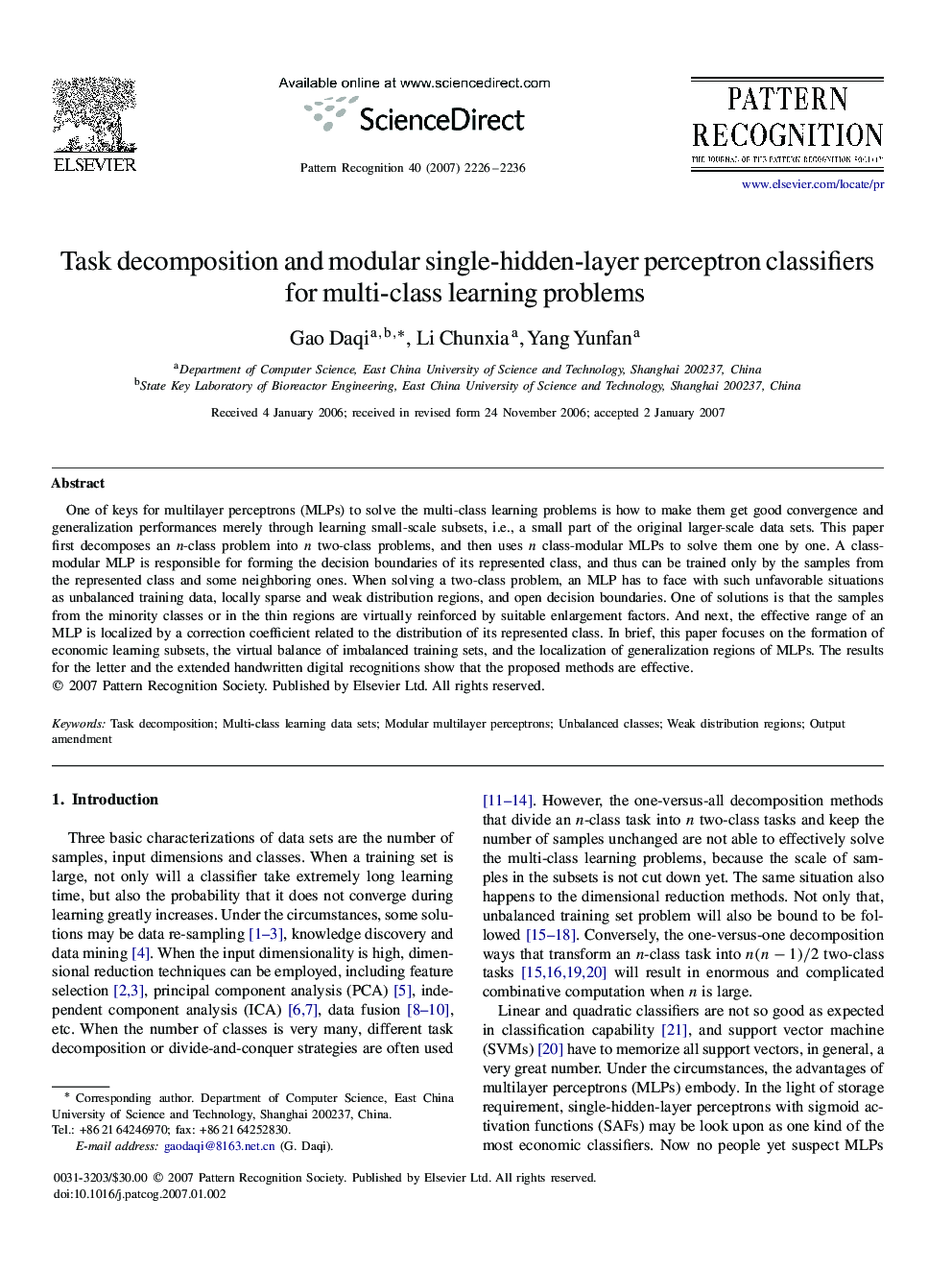 Task decomposition and modular single-hidden-layer perceptron classifiers for multi-class learning problems