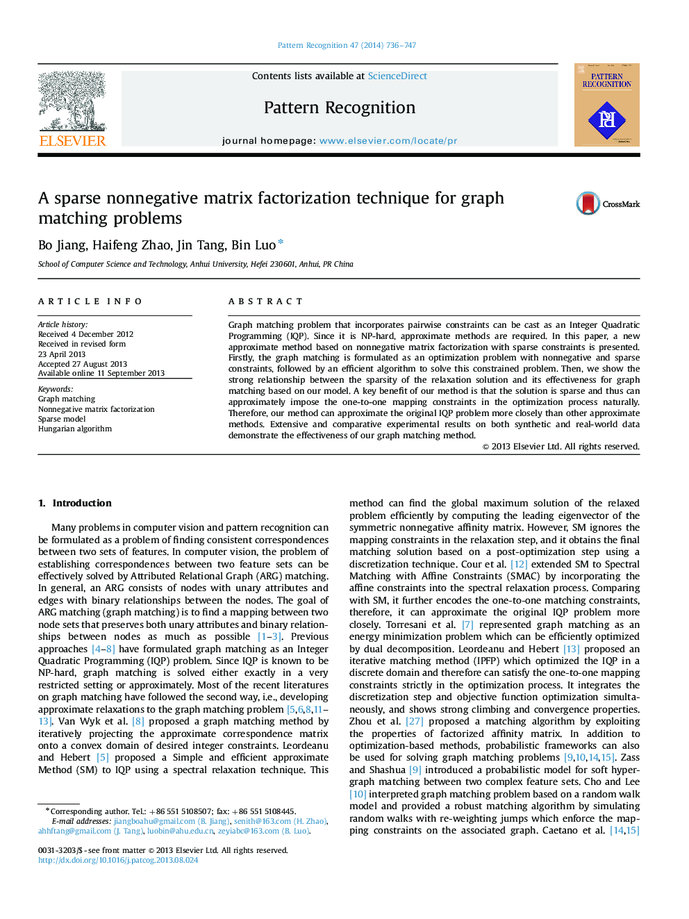 A sparse nonnegative matrix factorization technique for graph matching problems