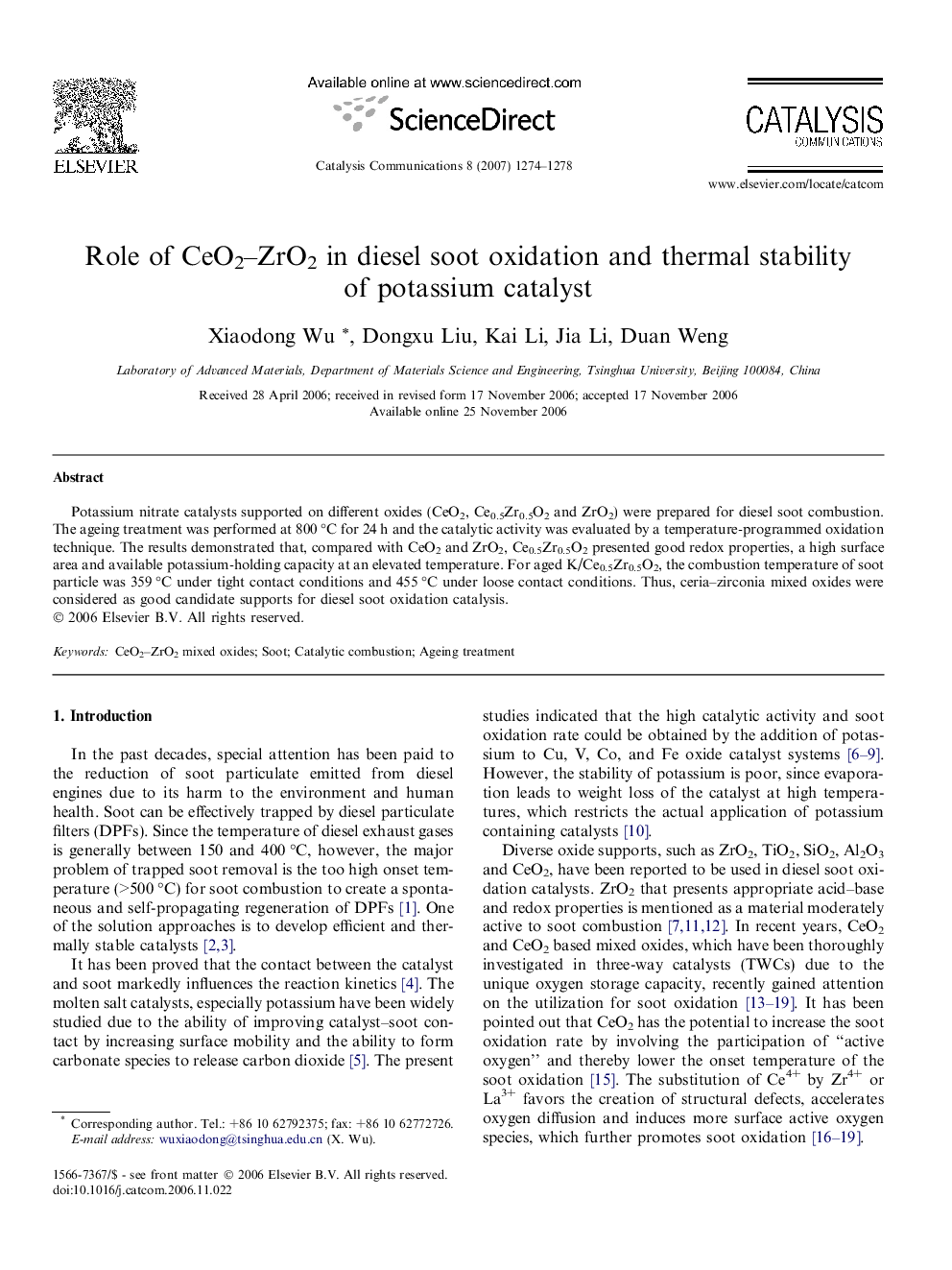 Role of CeO2–ZrO2 in diesel soot oxidation and thermal stability of potassium catalyst