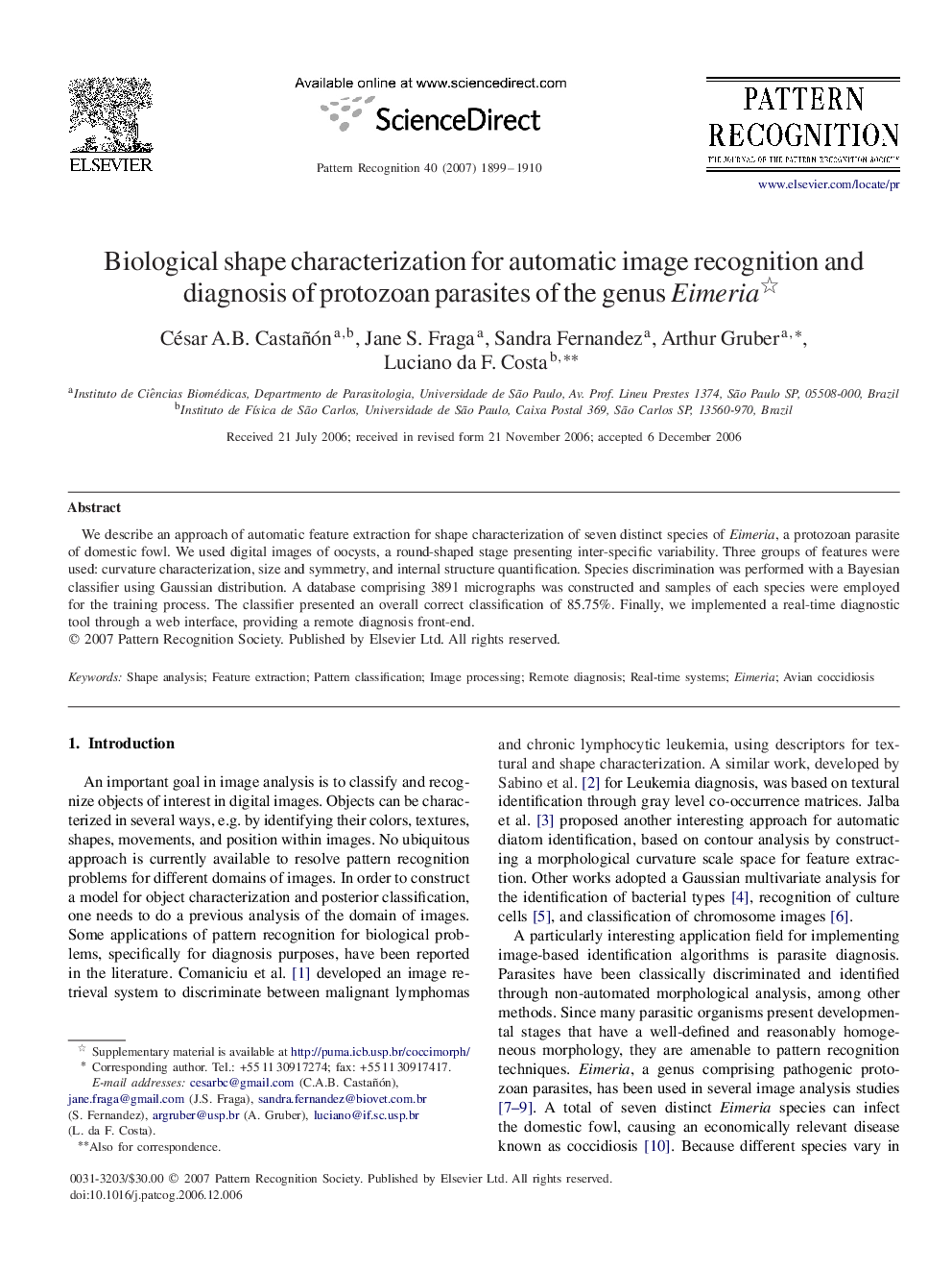 Biological shape characterization for automatic image recognition and diagnosis of protozoan parasites of the genus Eimeria 