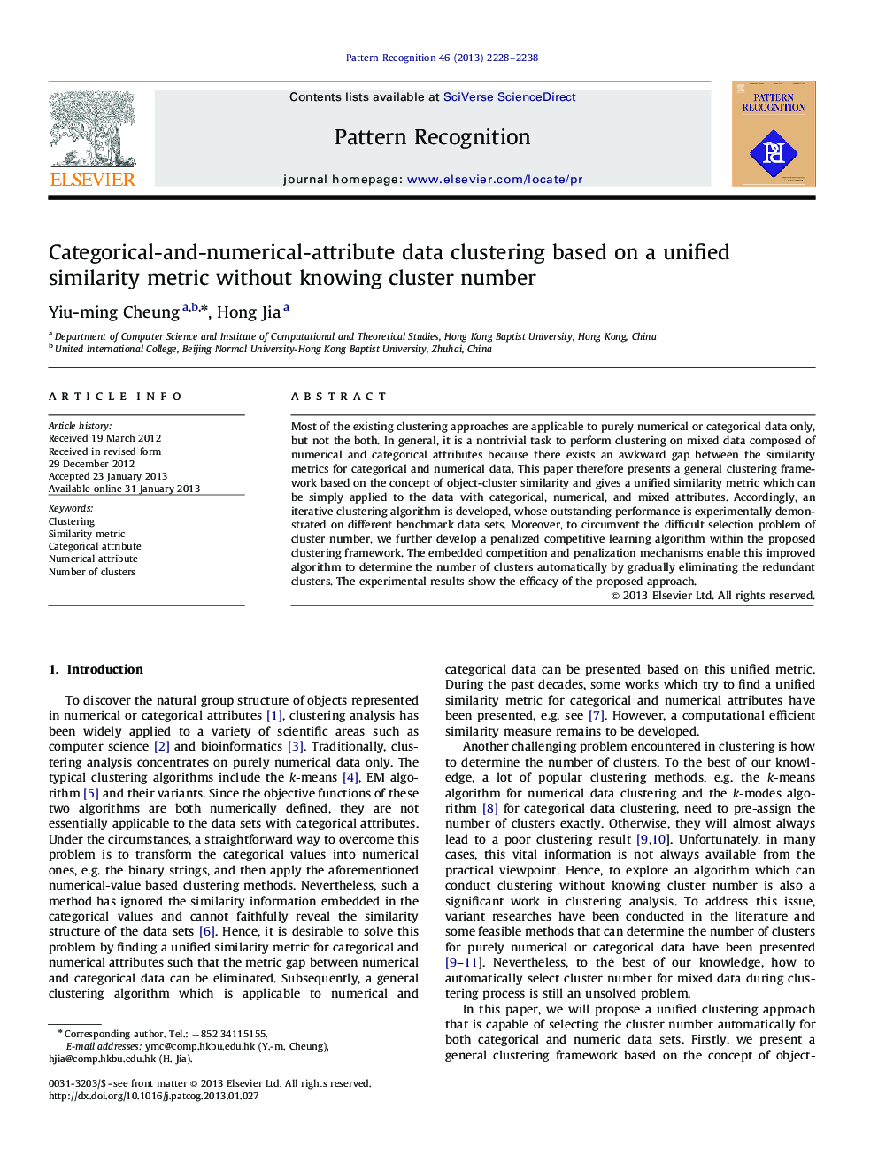 Categorical-and-numerical-attribute data clustering based on a unified similarity metric without knowing cluster number