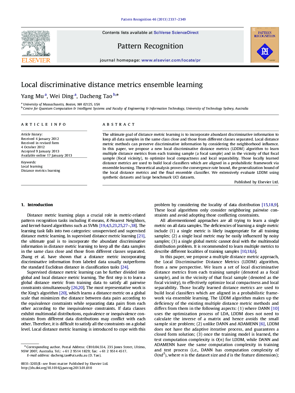 Local discriminative distance metrics ensemble learning