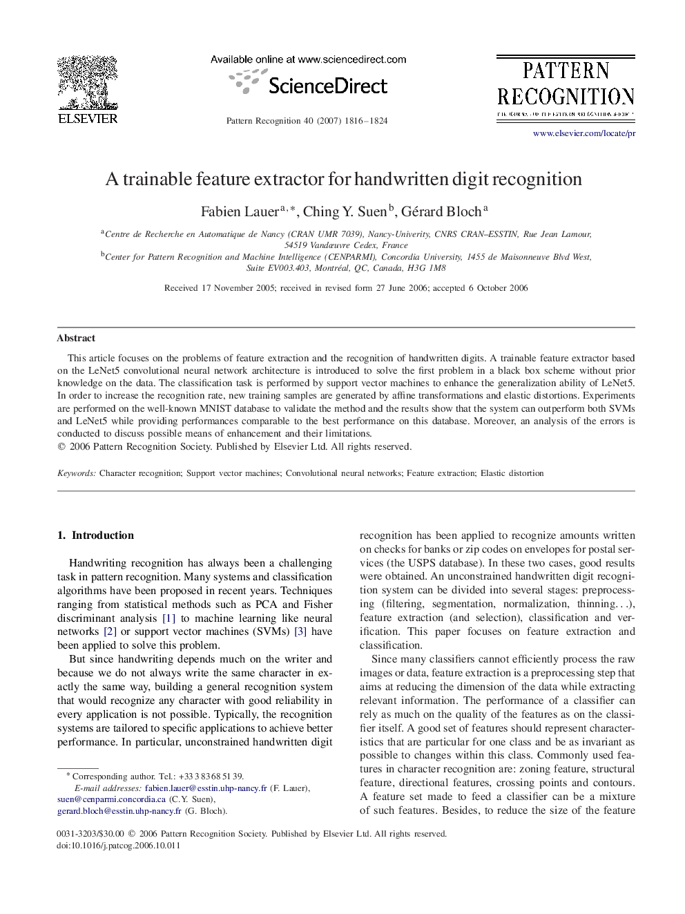 A trainable feature extractor for handwritten digit recognition