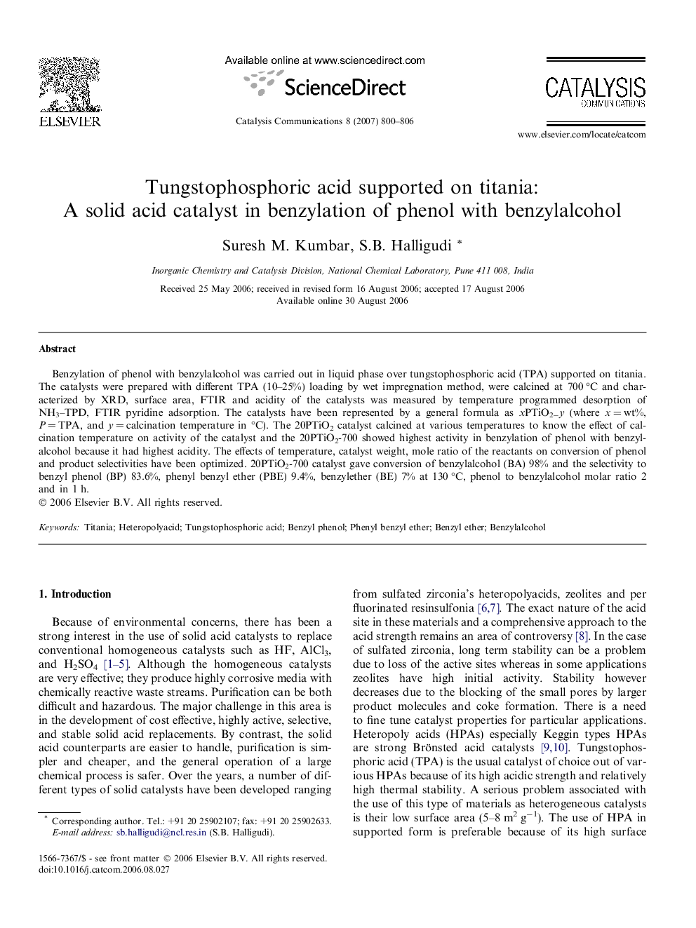 Tungstophosphoric acid supported on titania: A solid acid catalyst in benzylation of phenol with benzylalcohol