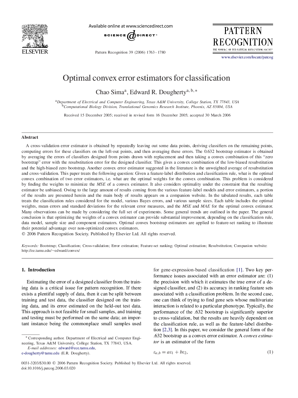 Optimal convex error estimators for classification