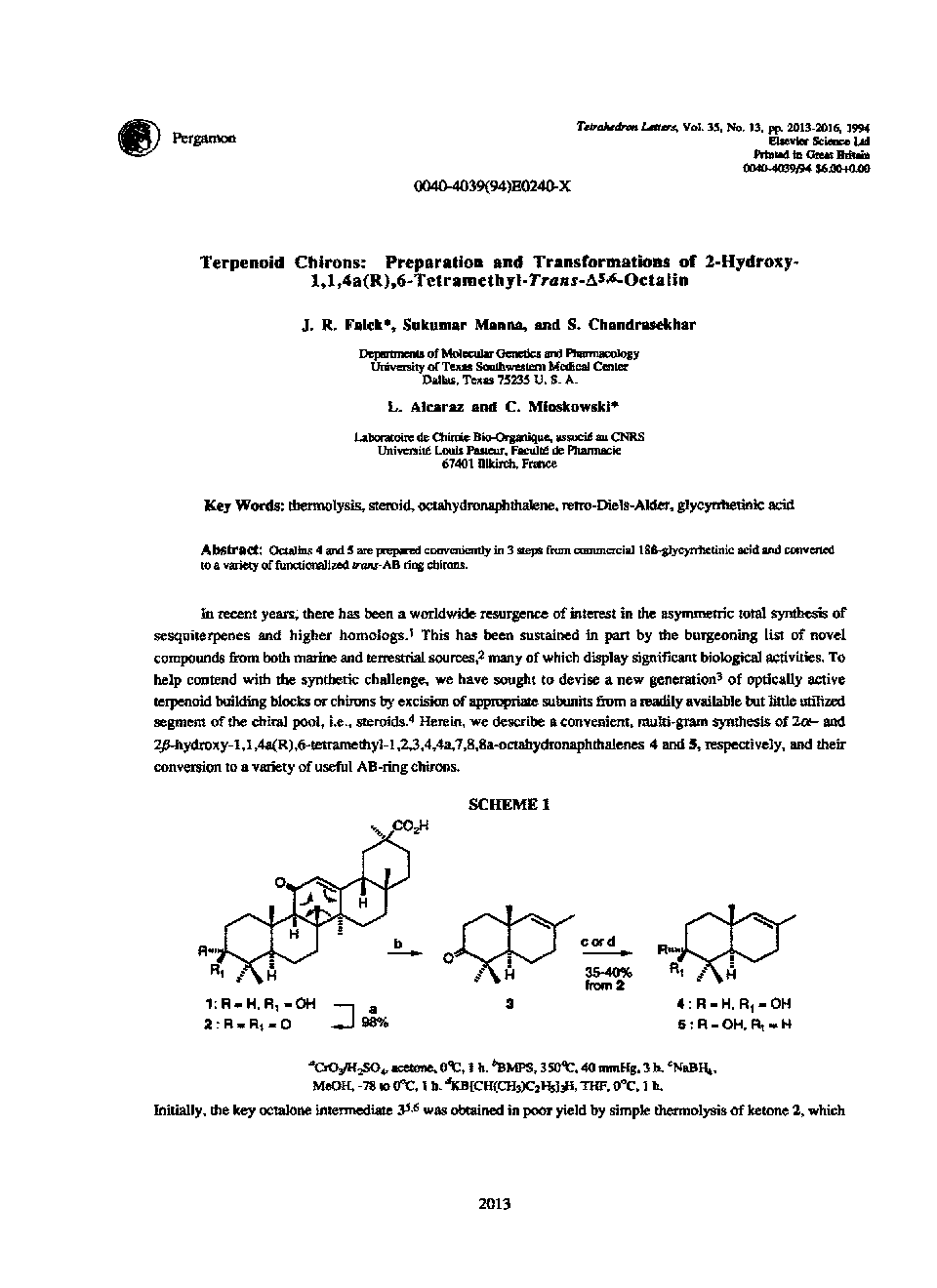 Terpenoid chirons: Preparation and transformations of 2-hydroxy-1,1,4a(R),6-tetramethyl-trans-Î5,6-octalin