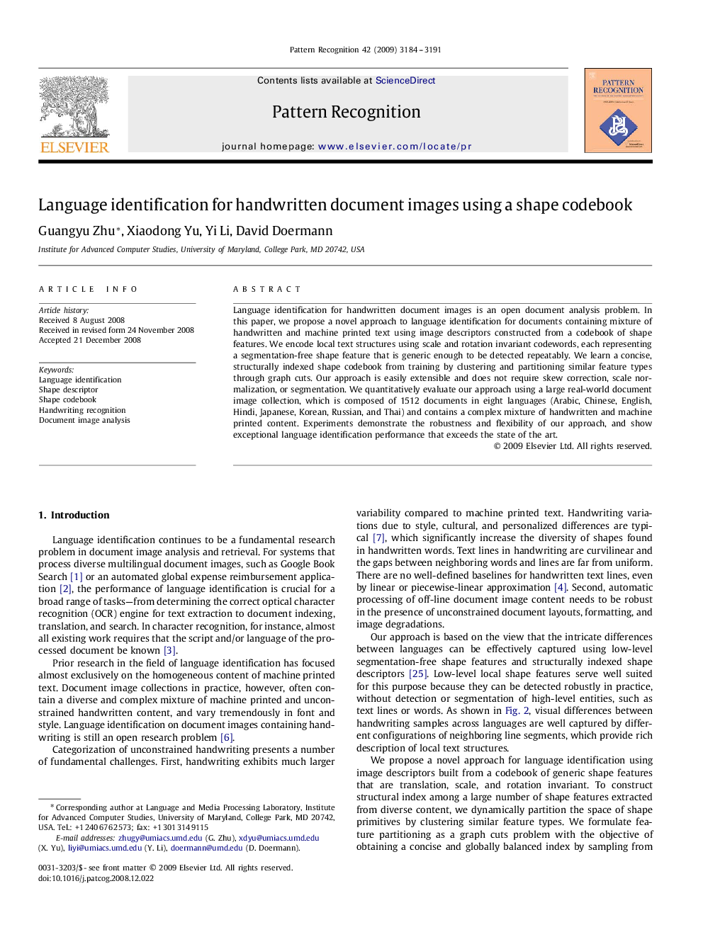 Language identification for handwritten document images using a shape codebook