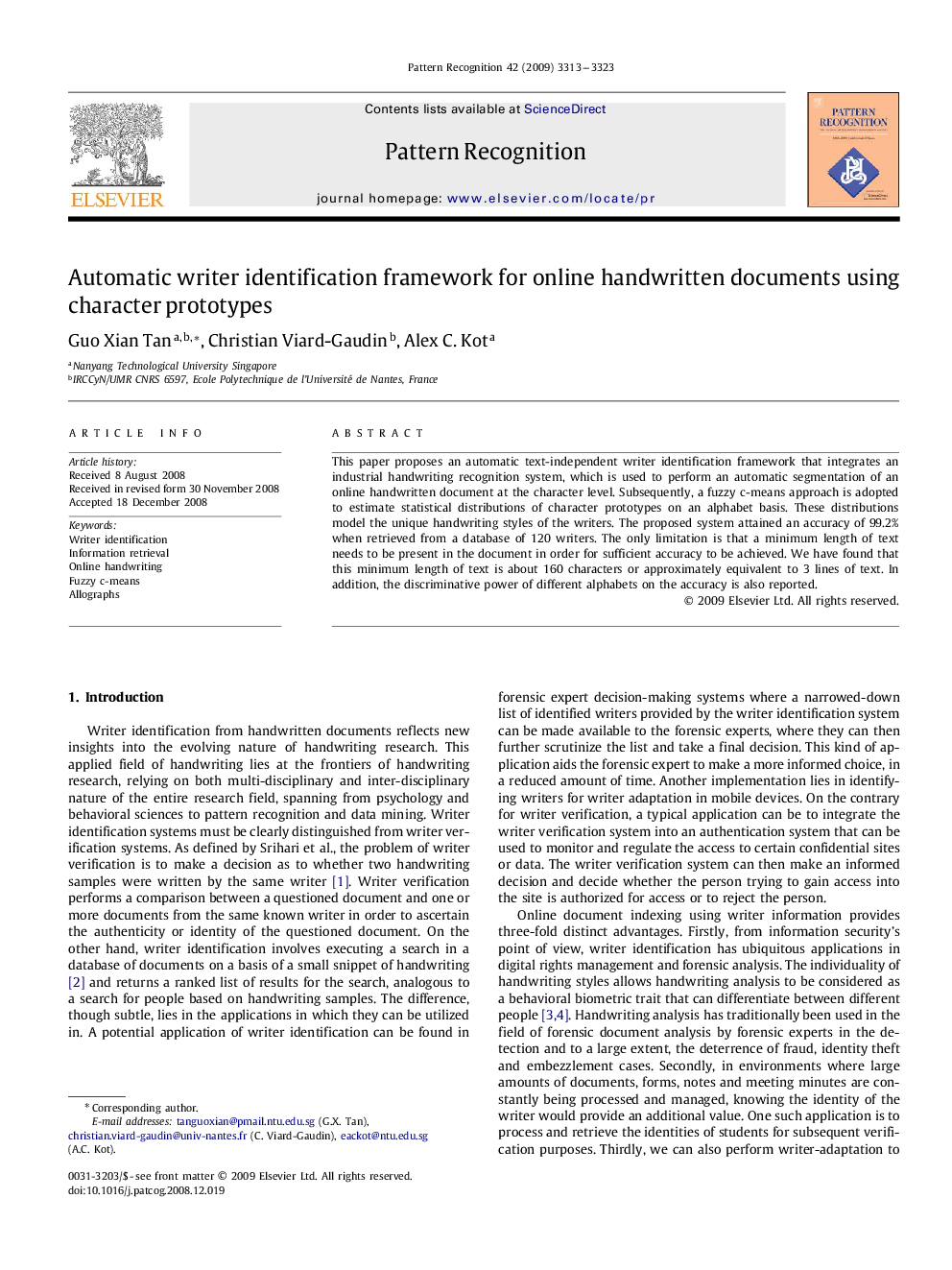 Automatic writer identification framework for online handwritten documents using character prototypes