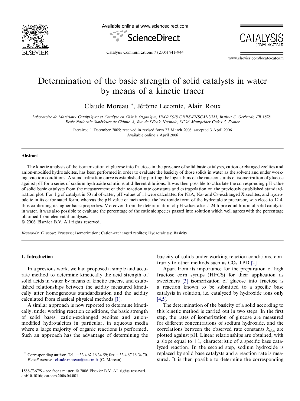 Determination of the basic strength of solid catalysts in water by means of a kinetic tracer