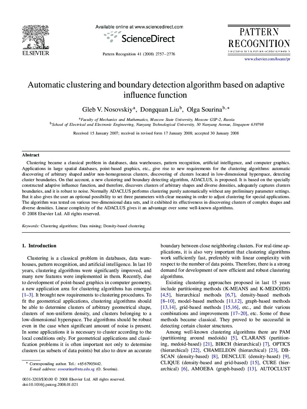 Automatic clustering and boundary detection algorithm based on adaptive influence function