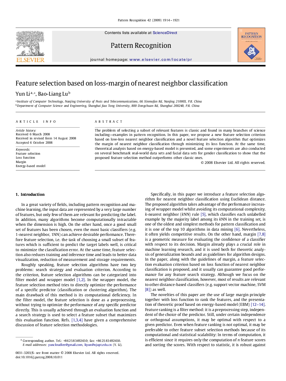 Feature selection based on loss-margin of nearest neighbor classification