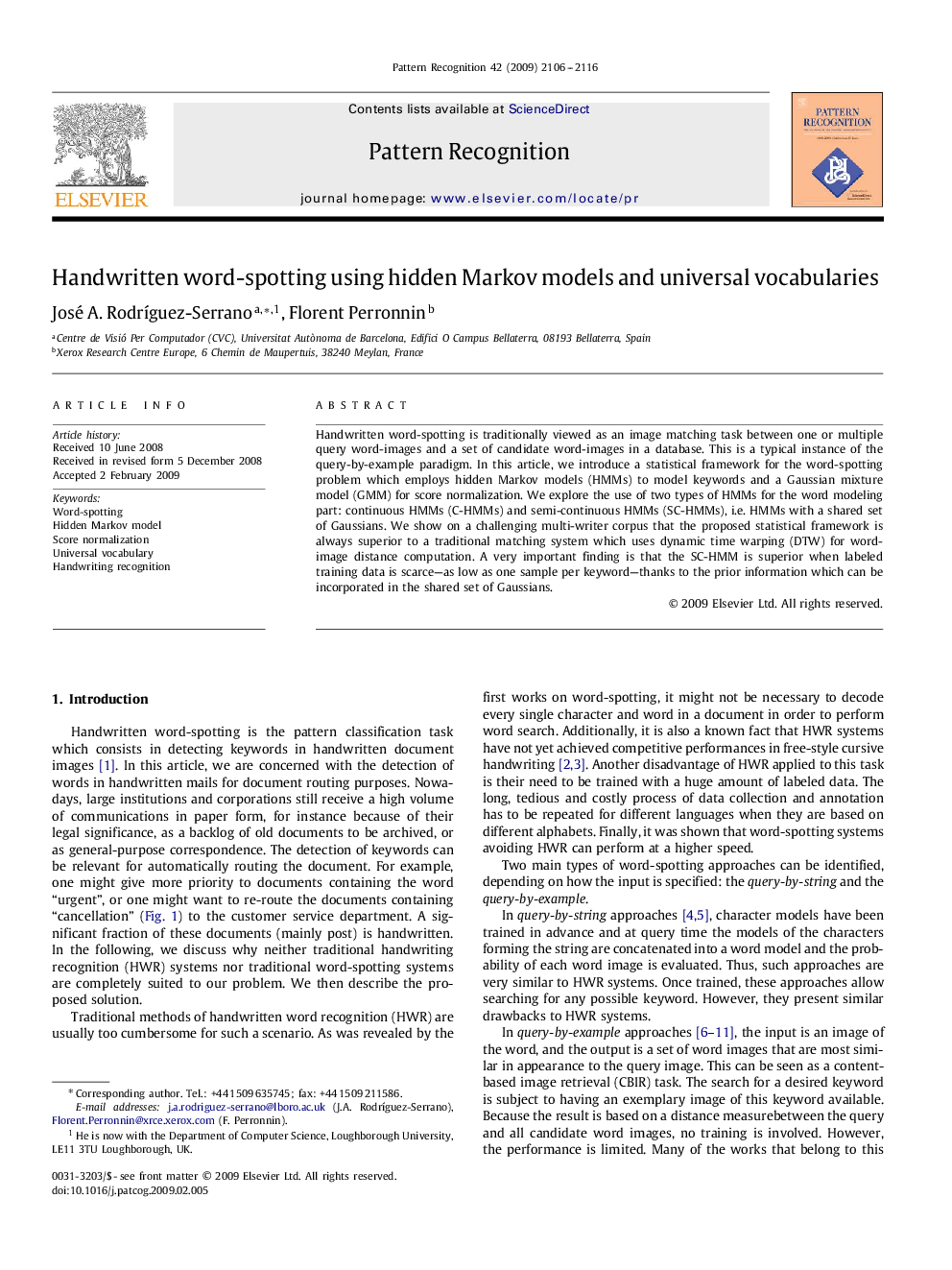 Handwritten word-spotting using hidden Markov models and universal vocabularies