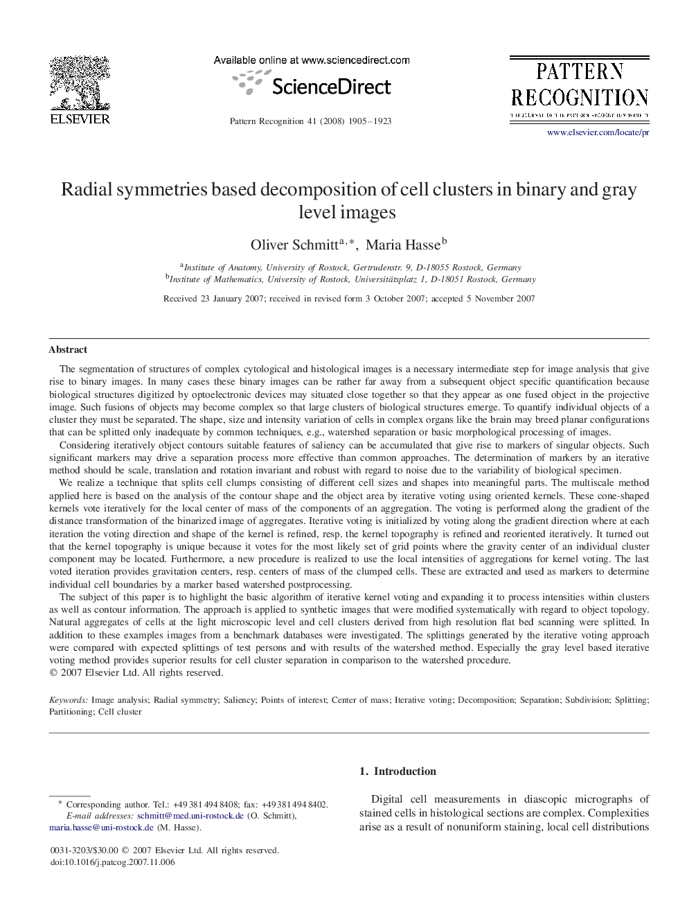 Radial symmetries based decomposition of cell clusters in binary and gray level images